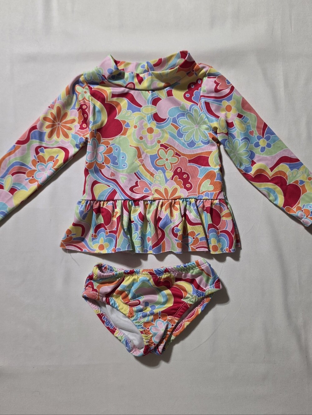 Funky Psychedelic Floral Ruffle Rash Guard Swim Set - 2T